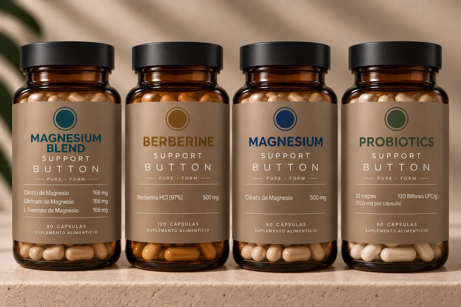 Cuatro frascos BUTTON: Magnesium Blend, Berberine, Magnesium y Probiotics