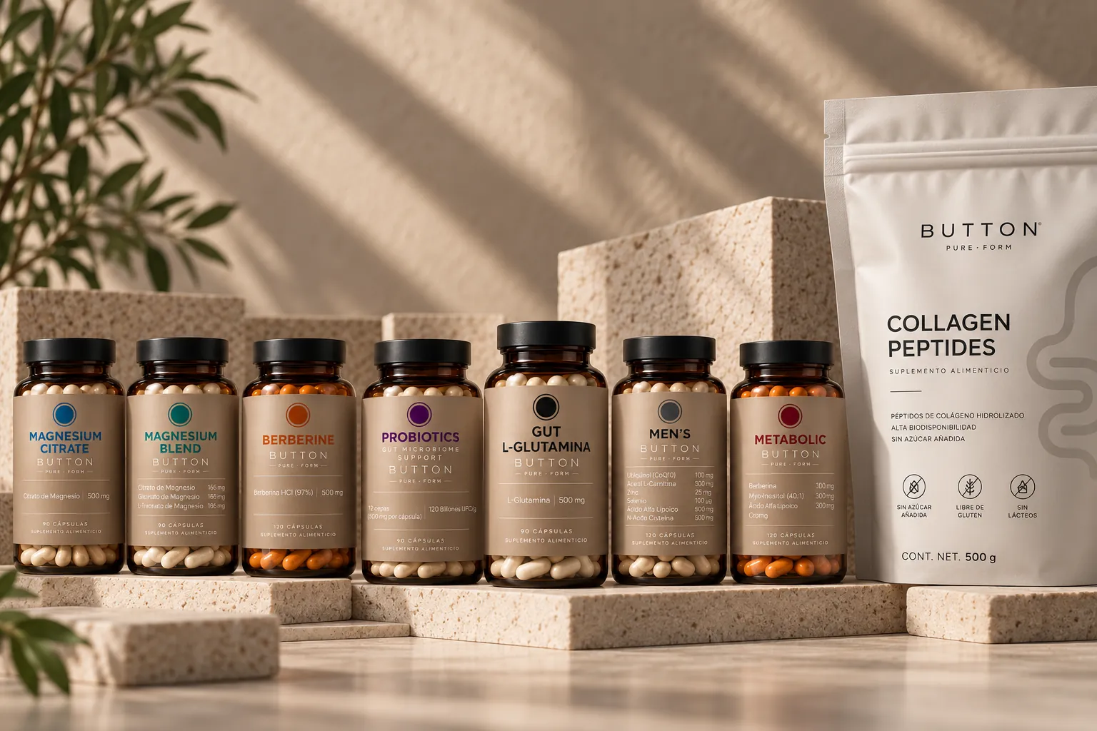 Familia de productos BUTTON: siete frascos ámbar con etiqueta color arena y una bolsa de Collagen Peptides