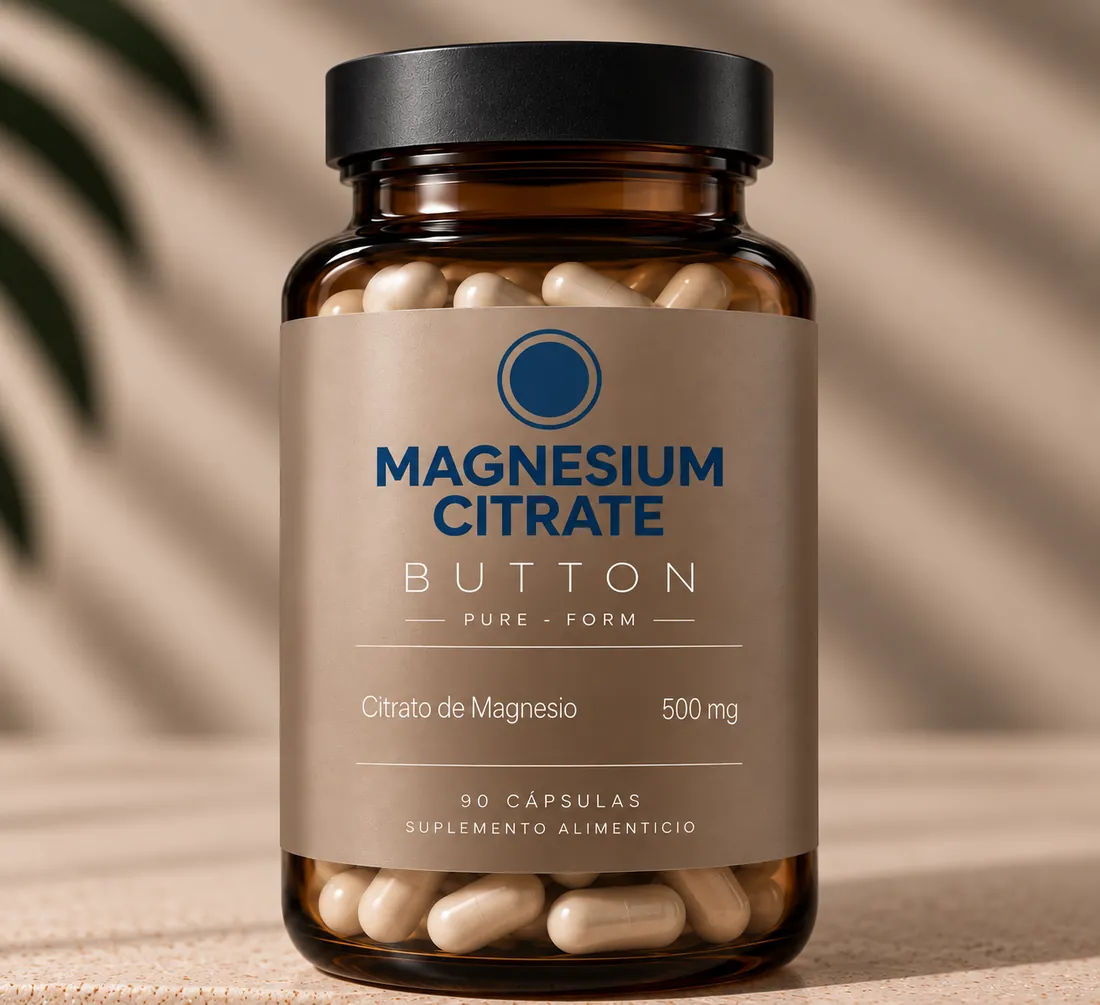Frasco BUTTON Magnesium Citrate, 90 cápsulas, citrato de magnesio 500 mg